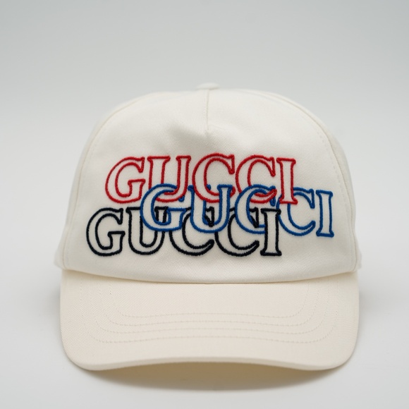 size L Gucci White Embroidered Logo Baseball Hat Cap Black Red Blue - Picture 2 of 8